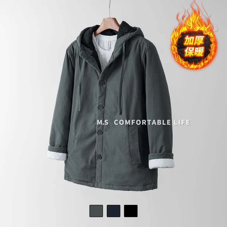 冬季加厚保暖棉衣外套 休闲时尚宽松纯色连帽厚实夹克棉服