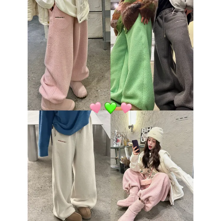 晶咕晶咕【松弛羊羔裤】弯刀加绒纯色保暖休闲松紧腰直筒裤