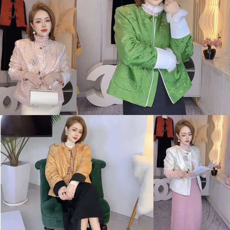 新中式新款冬季加棉短外套女提花中国风百搭气质重工提花圆领女装