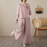 【清货+运费险】棉麻复古刺绣女时尚轻薄阔腿裤显瘦两件套装Y1001
