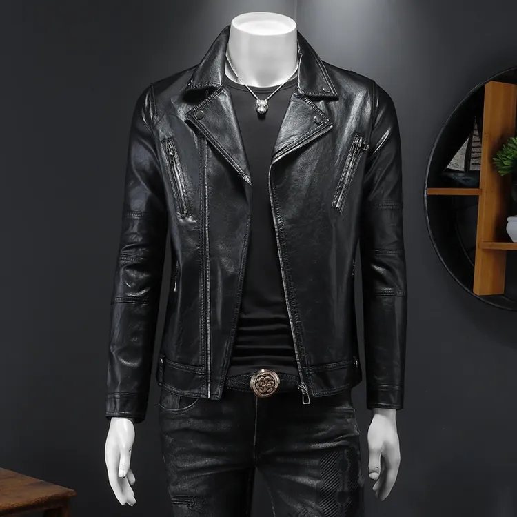 BOY NORMAN高级感男士翻领秋冬新款韩版修身皮衣机车服皮夹克外套