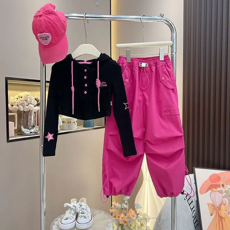 女童宝宝韩版运动套装中大童春秋新款洋气字母连帽衫工装裤两件套