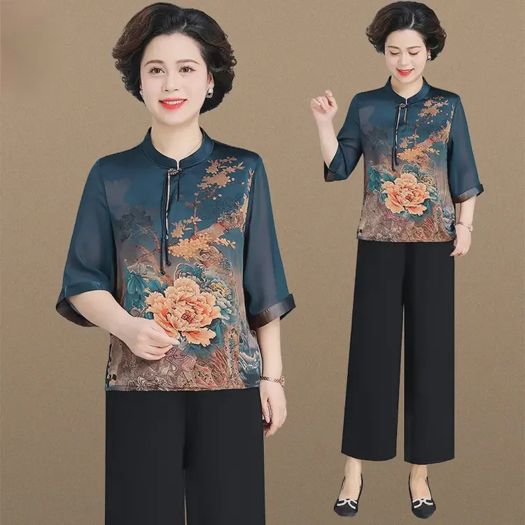 妈妈装夏季气质大码两件套时尚国风洋气减龄女装休闲宽松中国风