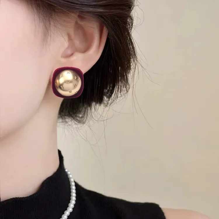 925银玻璃耳饰 红色植绒耳钉女S925银针简约设计耳饰品小香风耳环