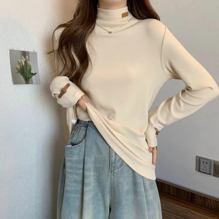 大码法式高级感长袖打底衫T恤女秋冬胖mm遮肚显瘦德绒半高领上衣