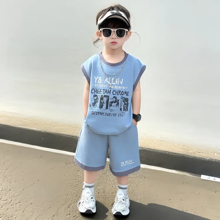 儿童衣服夏季男孩男童套装休闲无袖短裤韩版宽松透气亲肤时尚潮流