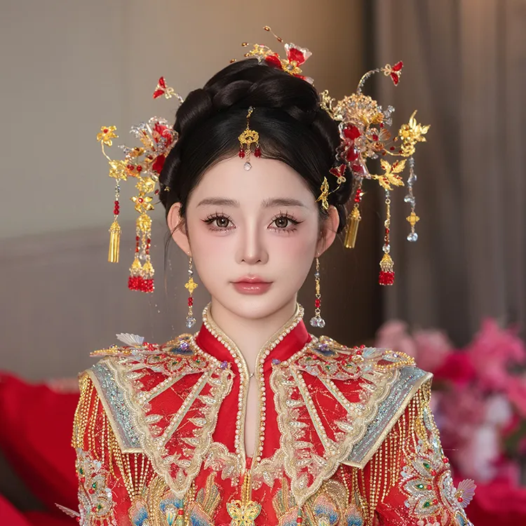 G338新款新娘头饰中式结婚金红色水晶流苏减龄额链步摇秀禾服饰品