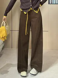 韩系ins慵懒感弯刀裤女秋季简约遮肚灯芯绒阔腿裤休闲裤AM25635