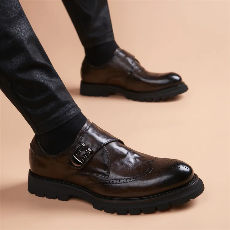 布洛克皮鞋男士英伦套脚一脚蹬增高商务正装西装休闲皮鞋男结婚鞋