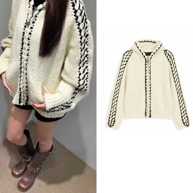 BottleMarchen-设计师品牌明星同款拉链外套连帽气质针织毛衣   