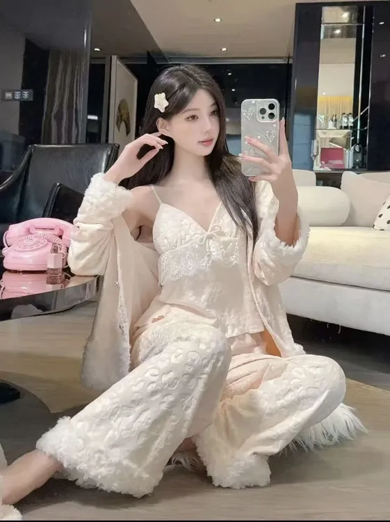 【绒化入冬】秋冬厚款海岛绒三件套甜美纯欲家居服网红蕾丝公主风