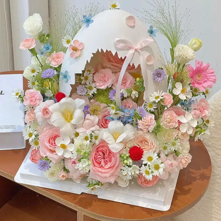 花艺破蛋花束花盒装饰创意插花白色鸡蛋壳套装鲜花包装资材