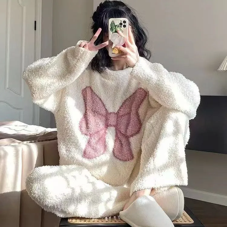 【初沁枫】半边绒网红韩版睡衣女款秋冬季新款蝴蝶结保暖家居服套装