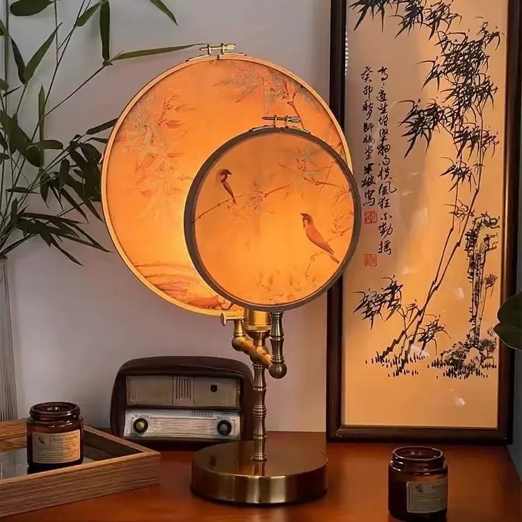 新中式复古国风子母团扇子灯客厅玄关卧室床头桌面装饰全铜氛围灯