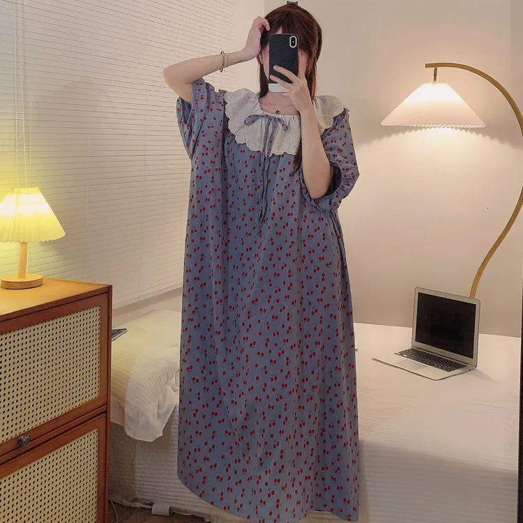 蓝色长款薄款宫廷睡裙舒适甜美樱桃花边女复古家居服秋季短袖
