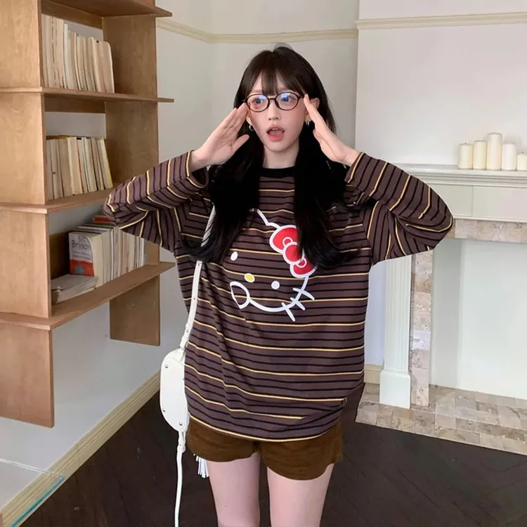 卡通Kitty猫条纹圆领条纹长袖T恤女早秋超好看单穿宽松打底衫上衣