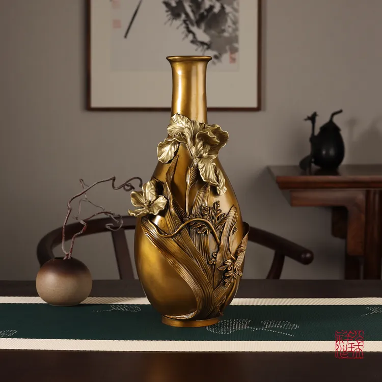 八瑞祥黄铜花瓶摆件【蕙兰纹花器】客厅插花轻奢高级感乔迁开业礼品