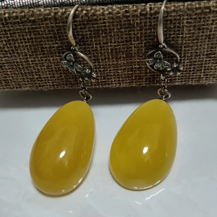 通体S925银镶嵌天然鸡油黄蜜蜡复古重工时尚大气精美百搭长款耳坠