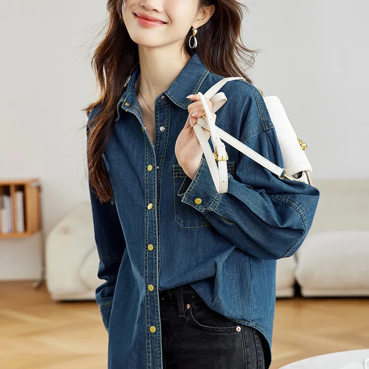 蓝色牛仔外套女2025春秋装新款衬衫上衣港风复古叠穿衬衣