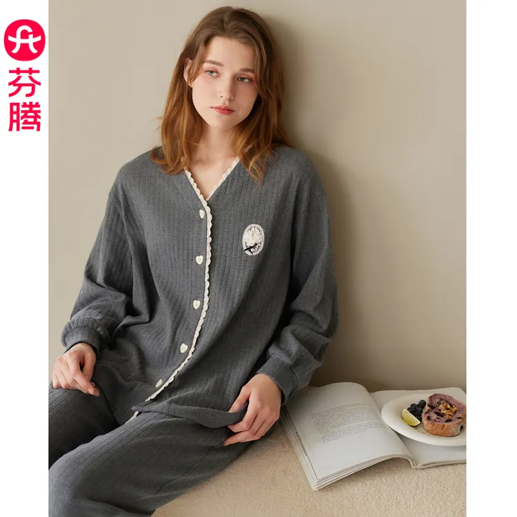 芬腾睡衣女款2025新款春秋季纯棉长袖套装女休闲V领可外穿家居服