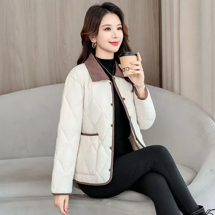 2025新款小香风秋冬百搭薄款优等品女士轻薄翻领宽松韩版直筒棉服