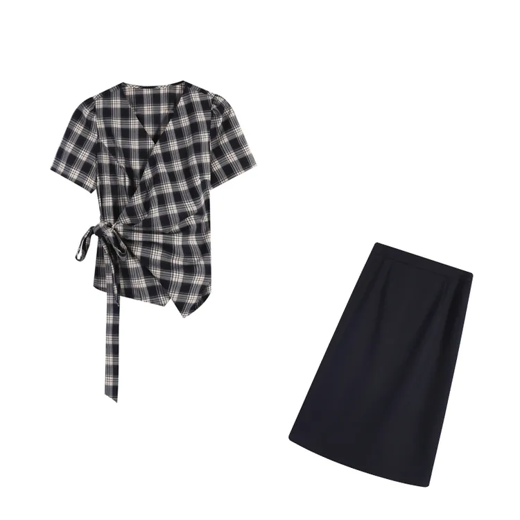 【东极岛】时尚系带藏青格子衬衫+长短裙ZL108114