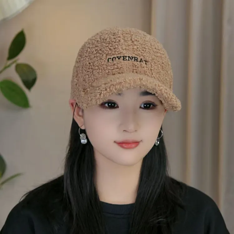 秋冬新款羊羔毛绒棒球帽大头围加厚保暖刺绣男女同款鸭舌帽
