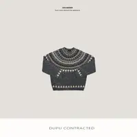 DUPU CONTRACTED 复古费尔岛撞色浮线提花重磅羊毛混纺毛衣