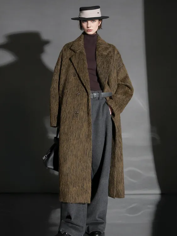 简创-高级感休闲双排扣大衣宽松简约西装翻领中长款大衣PI25A0321