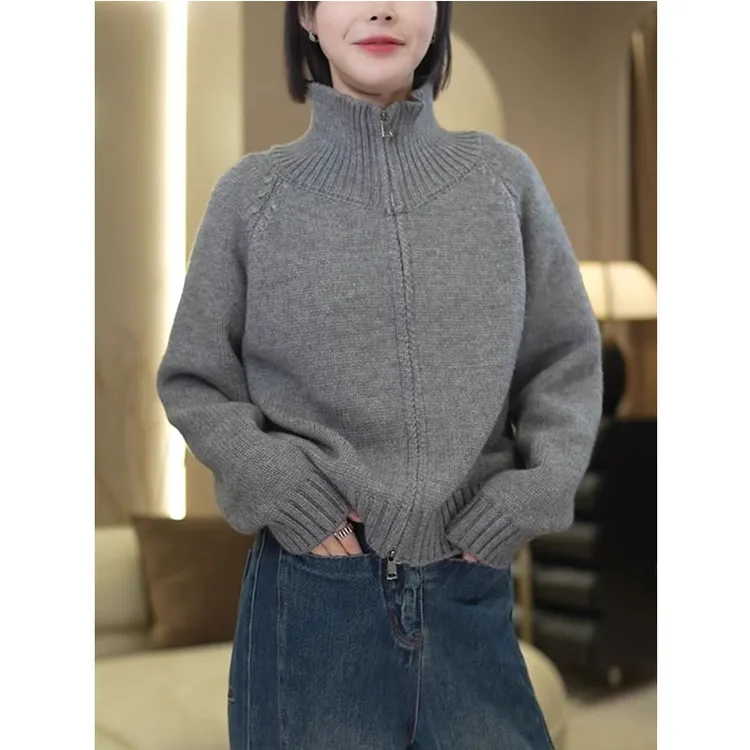 灰色高领毛衣女2025早秋新款立领外套时尚洋气打底衫拉链开衫上衣