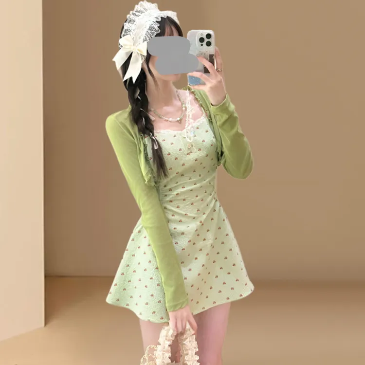 韩系甜美碎花吊带连衣裙女2025夏季新款显瘦甜美长袖开衫上衣套装