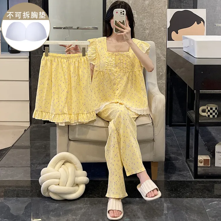 韩系风黄色小碎花睡衣女夏季甜美带胸垫飞袖性感吊带三件套家居服