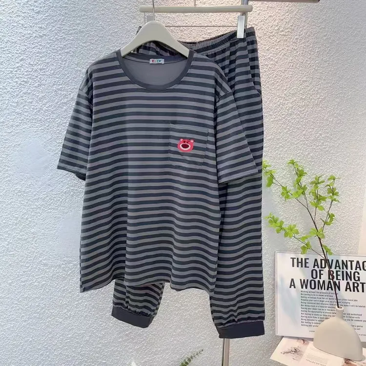 男士春夏季薄款弹力条纹圆领短袖长裤睡衣套装休闲家居服