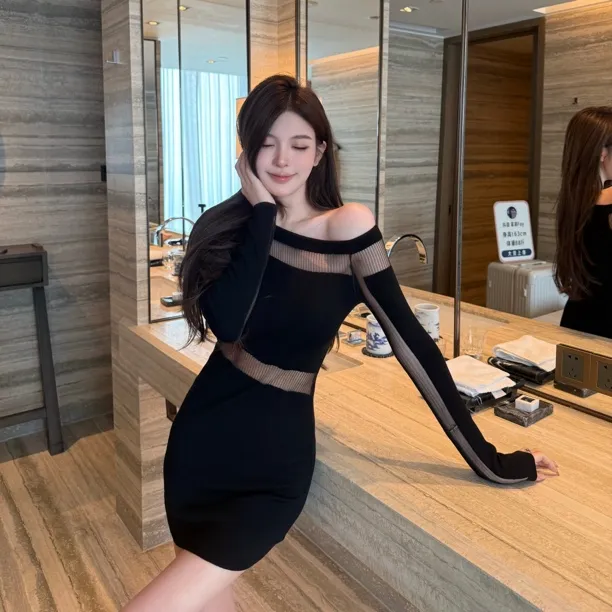 FAY【晨曦之光】透视欧根纱针织秋冬收腰性感连短款包臀衣裙