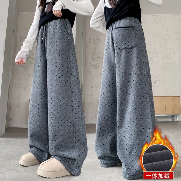 女童加绒波点裤子秋冬女孩2025新款儿童一体绒运动裤中大童休闲裤