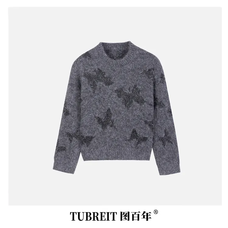 TUBREIT/图百年短款灰色蝴蝶刺绣圆领羊毛衫长袖针织轻奢时尚毛衣