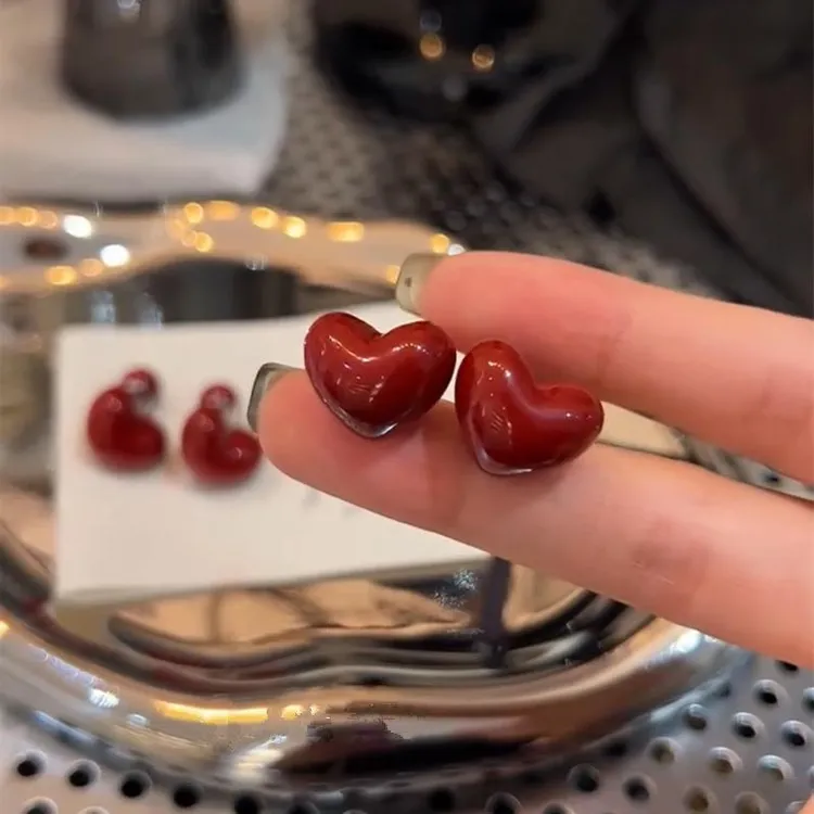 铜合金锆石耳饰 红色耳环气质百搭轻奢简约设计感时尚甜美优雅小