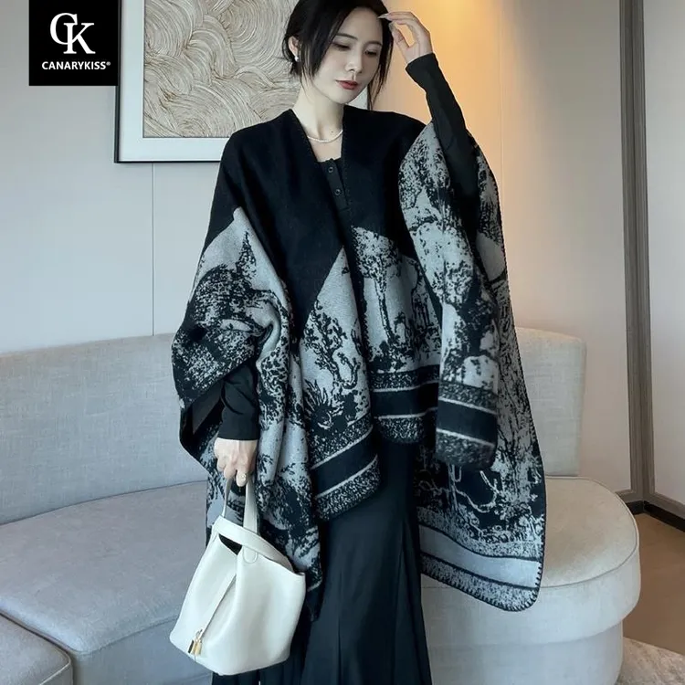 Canarykiss开叉斗篷大披肩外搭女秋冬空调房保暖双面针织高端披风