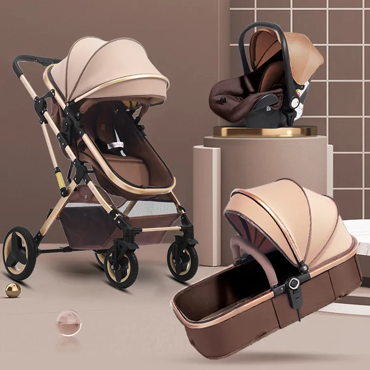 高景观三合一提篮单手收车轻便婴儿推车可坐可躺双向避震可拆卸