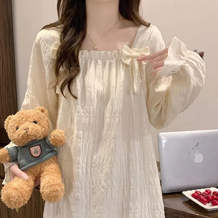 带胸垫云朵棉睡衣女春秋季长袖提色格纯色格甜美公主风家居服睡裙