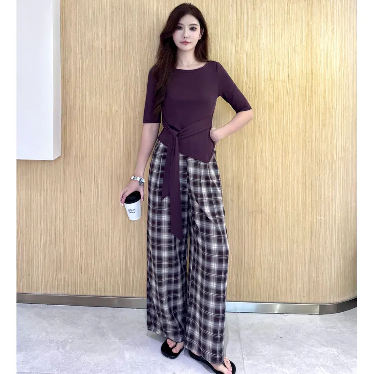 圆领不规则收腰中袖系带上衣女2025秋季新款格子阔腿裤时尚两件套