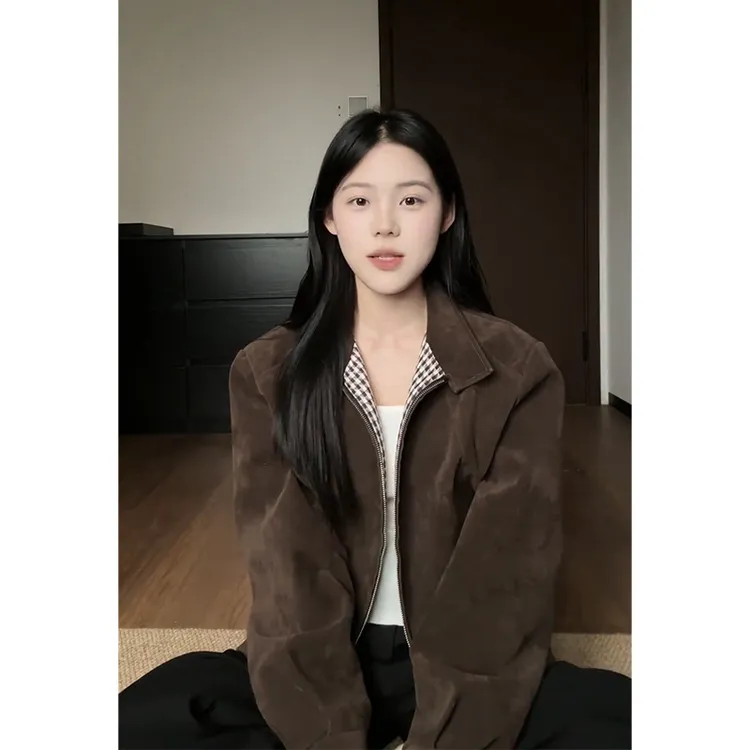 SUKCHOR棕色系皮绒双面穿外套男秋季美式复古内里千鸟格正肩夹克