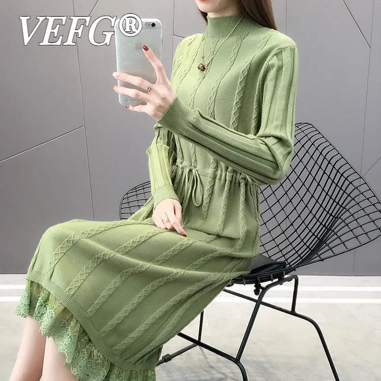 VEFG连衣裙女秋装2025年新款中长款过膝蕾丝系带针织打底裙韩版毛