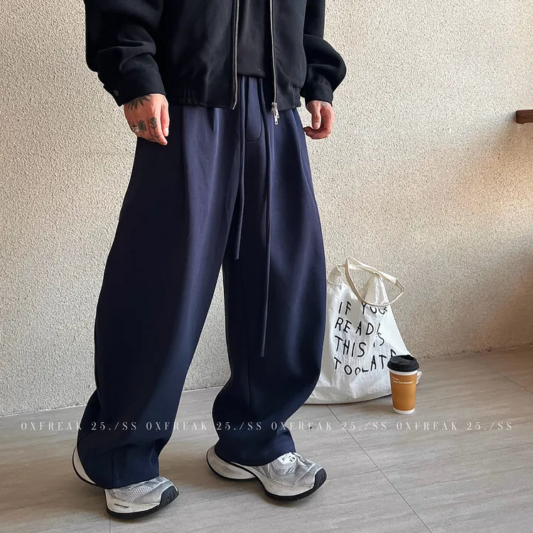 OXFREAK「立体切割解构」收褶针织休闲裤男直筒宽松阔腿运动卫裤