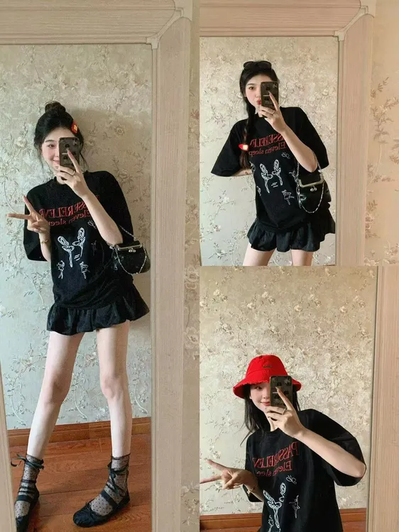 2025春季新款韩系穿搭黑色芭蕾女孩短袖t恤百搭减龄半身裙两件套