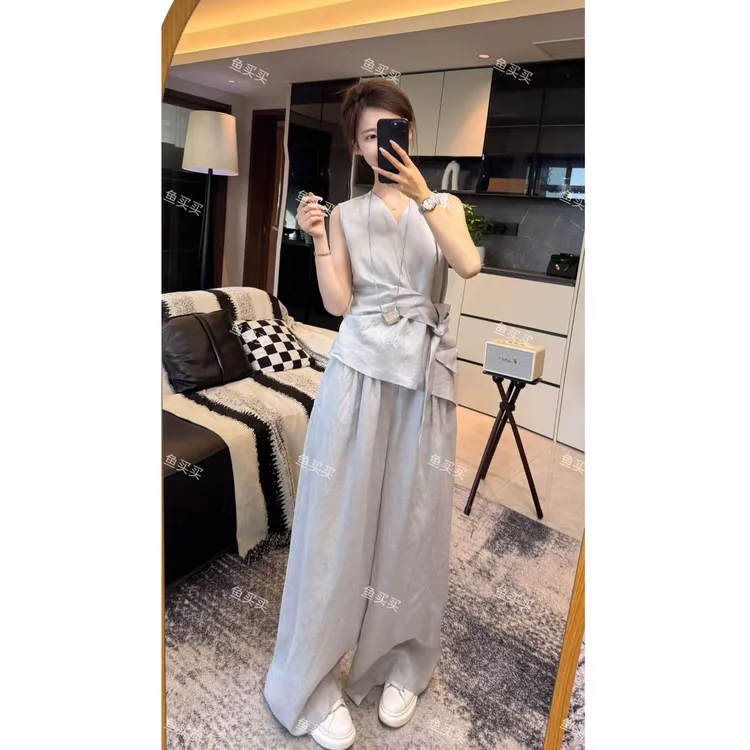 善雅/显瘦韩系气质3129大女主系绳无袖背心+休闲裤两件套套装夏季