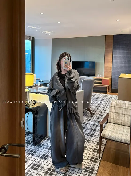 『PEACHZHOU』莱赛尔洗水做旧中线宽松牛仔裤松紧腰美式休闲阔腿裤