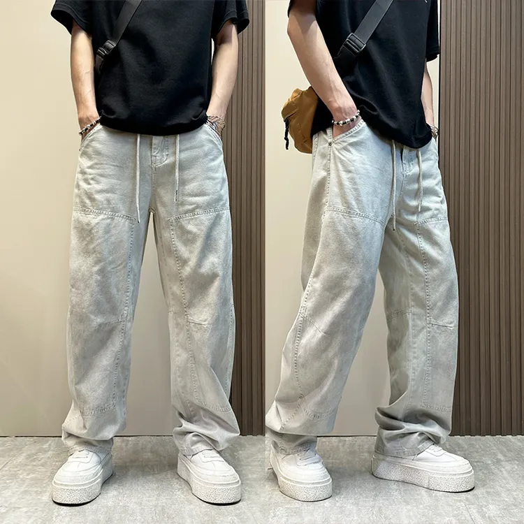 美式复古做旧扎染休闲裤男夏薄款宽松直筒弯刀裤2025新款阔腿裤子