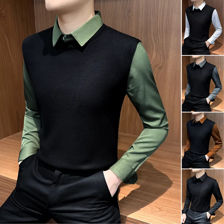 假两件长袖衬衫男款爆款2025新款痞帅男装秋冬男士弹力针织打底衫