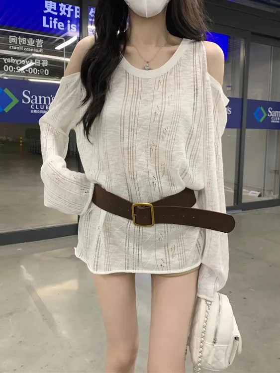设计感白色露肩长袖T恤针织衫女秋季宽松防晒罩衫慵懒松弛感上衣